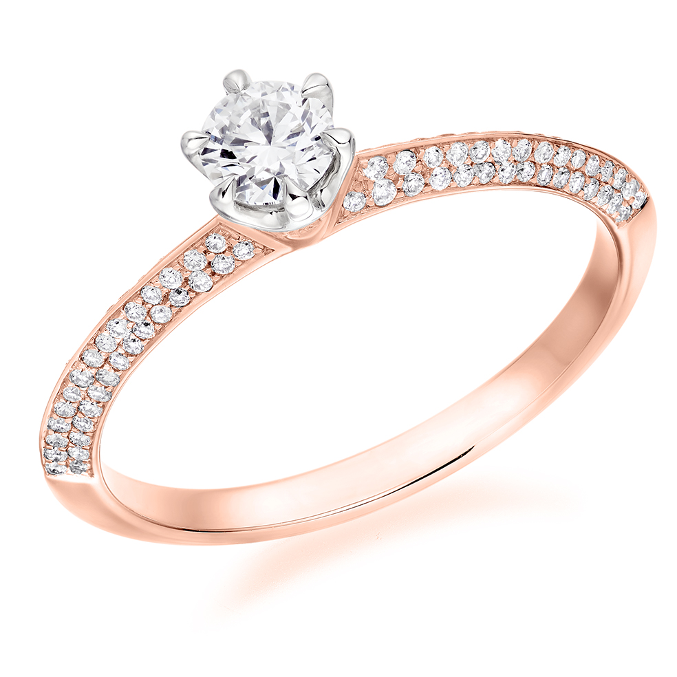 Image of Rose Gold Round Brilliant Solitaire with Diamond Set Shoulders Engagement Ring