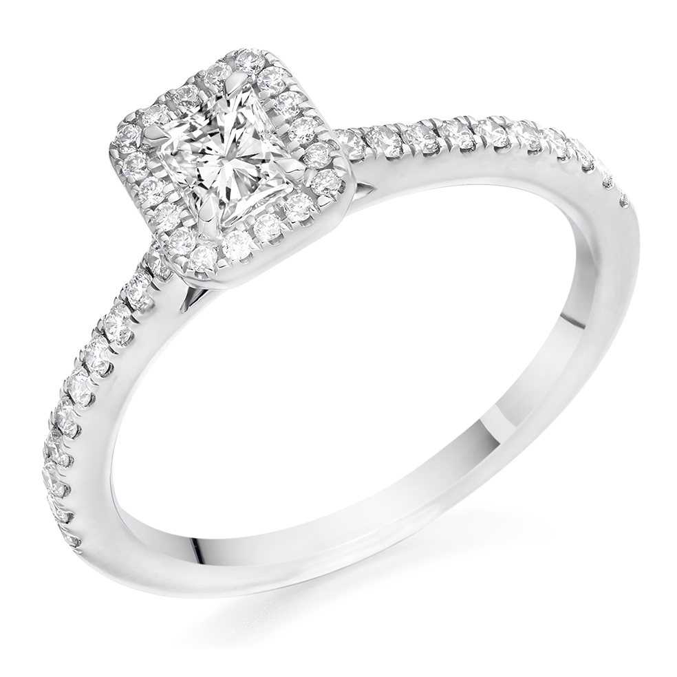 Image of Platinum Radiant Cut Halo with Diamond Set Shoulders Engagement Ring