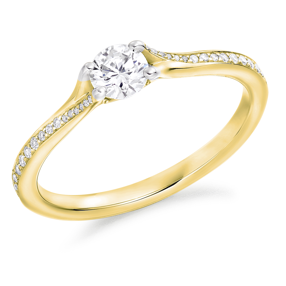 Image of Yellow Gold Round Brilliant Solitaire with Diamond Set Shoulders Engagement Ring