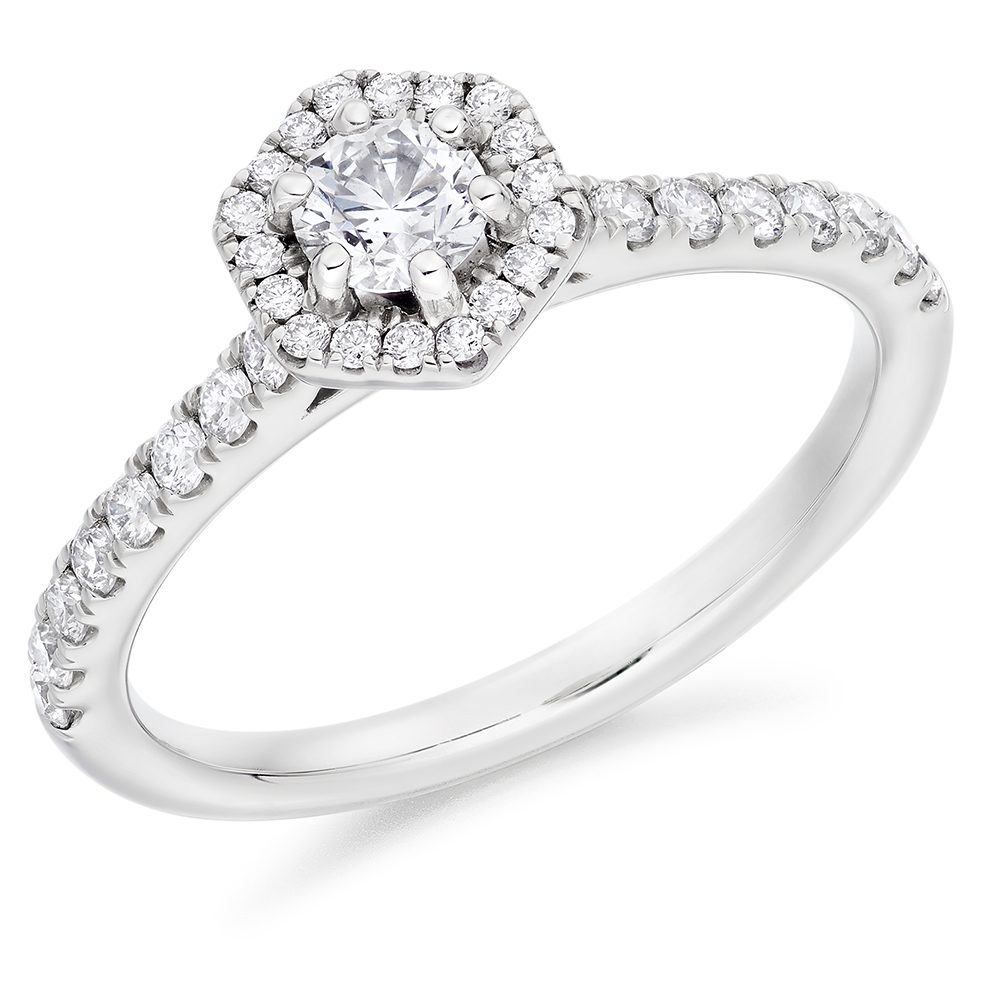 Image of Platinum Round Brilliant Halo with Diamond Set Shoulders Engagement Ring