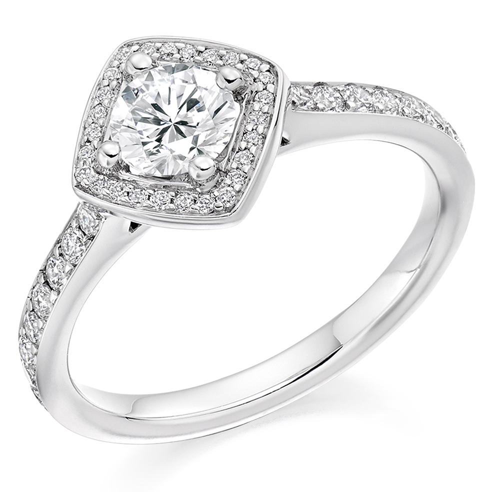 Image of White Gold Round Brilliant Halo with Diamond Set Shoulders Engagement Ring