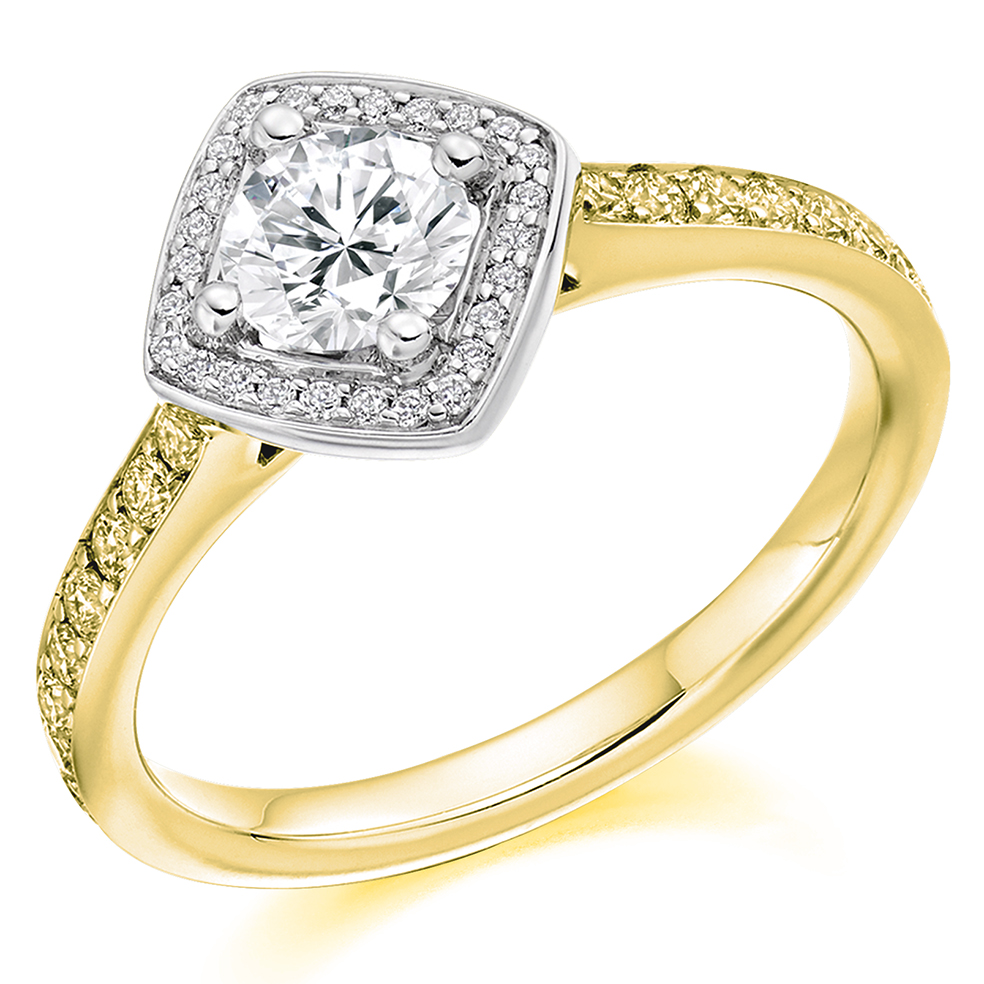 Image of Yellow Gold Round Brilliant Halo with Diamond Set Shoulders Engagement Ring