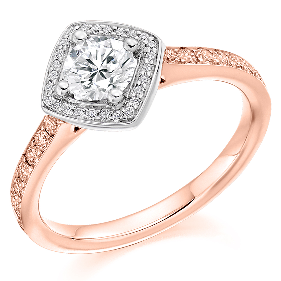 Image of Rose Gold Round Brilliant Halo with Diamond Set Shoulders Engagement Ring