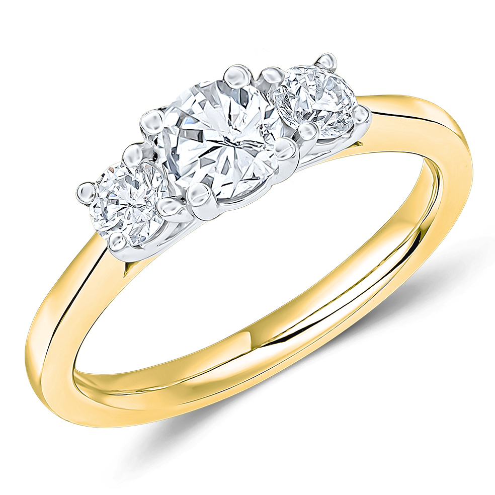 Image of Yellow Gold Round Brilliant Trilogy Set with Plain Shoulders  Trilogy Ring