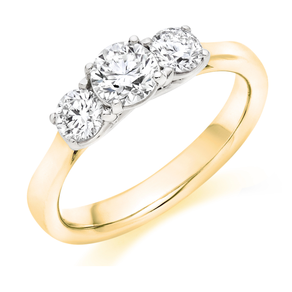 Image of Yellow Gold Round Brilliant Trilogy Set with Plain Shoulders Trilogy Ring
