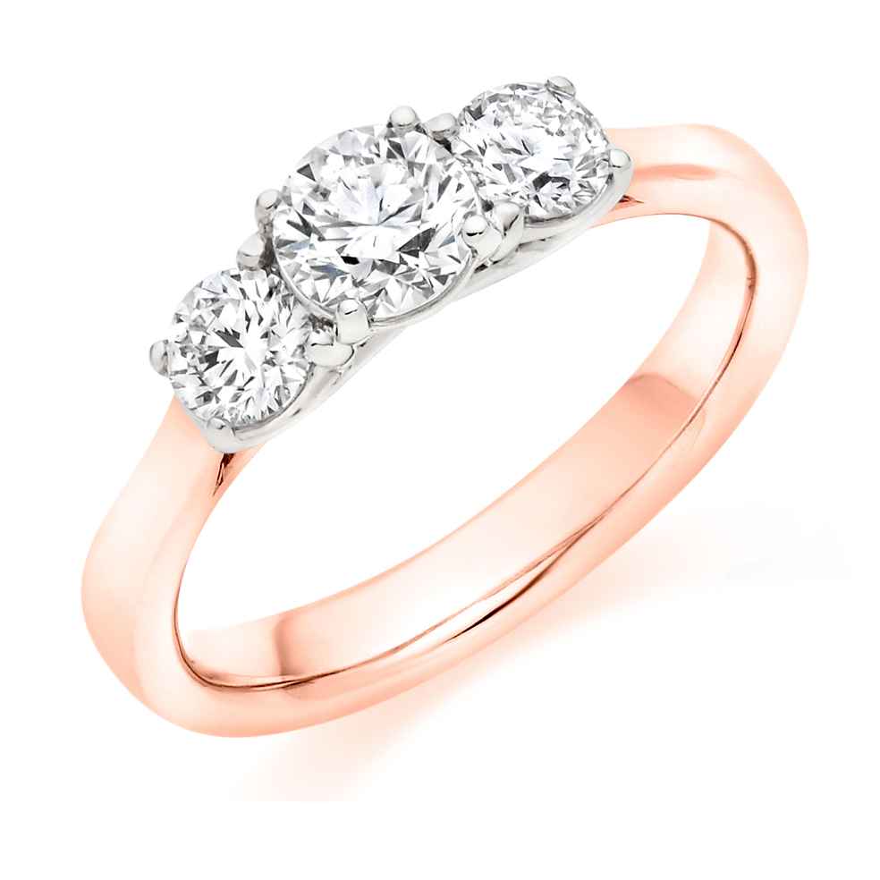 Image of Rose Gold Round Brilliant Trilogy Set with Plain Shoulders Trilogy Ring
