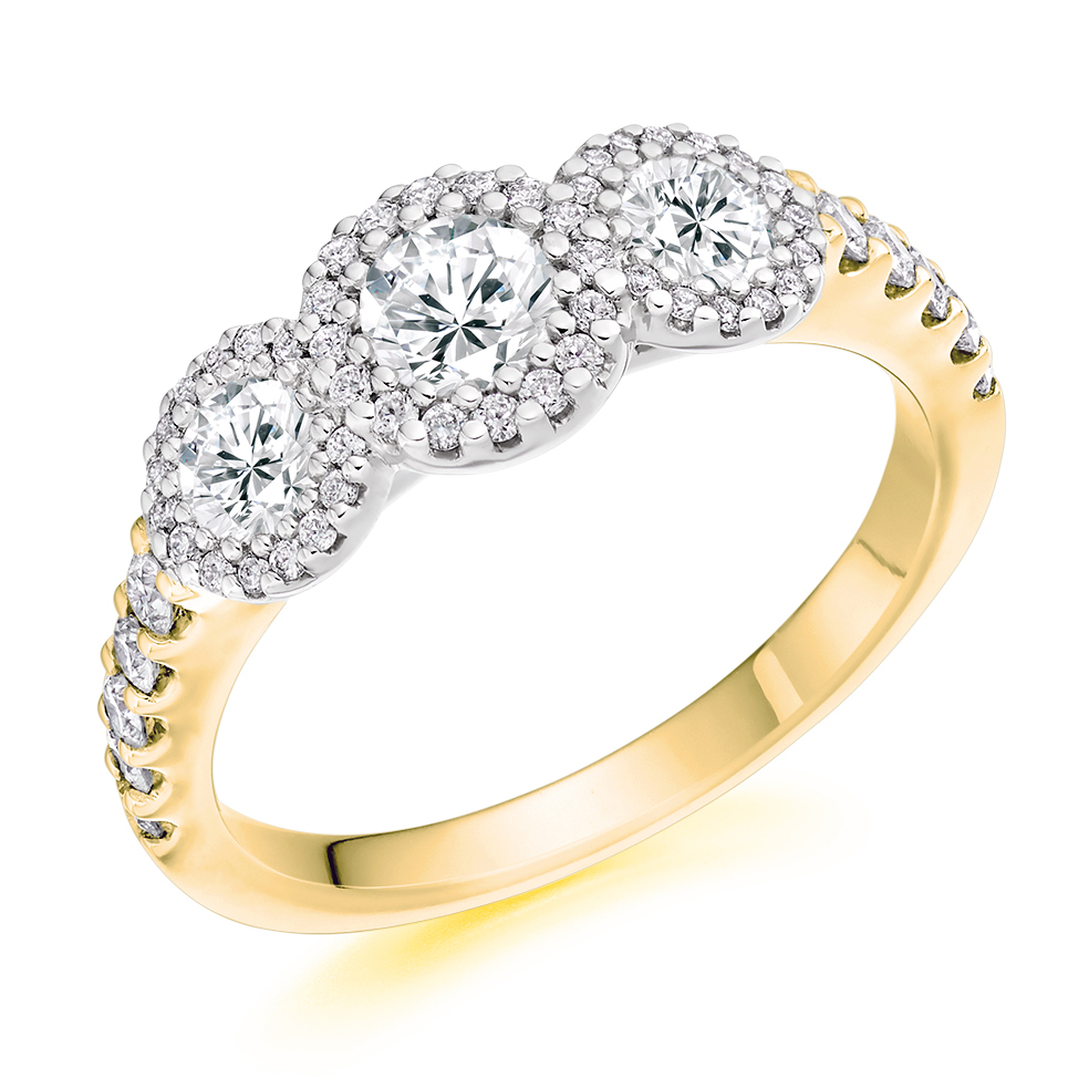 Round Brilliant Trilogy with Diamond Set Halo & Shoulders Trilogy Ring Image