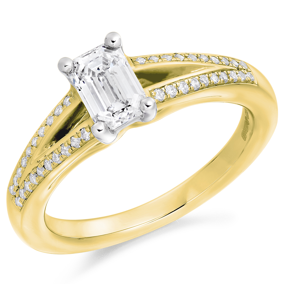 Image of Yellow Gold Emerald Cut Solitaire with Diamond Set Shoulders Split Shoulders Engagement Ring