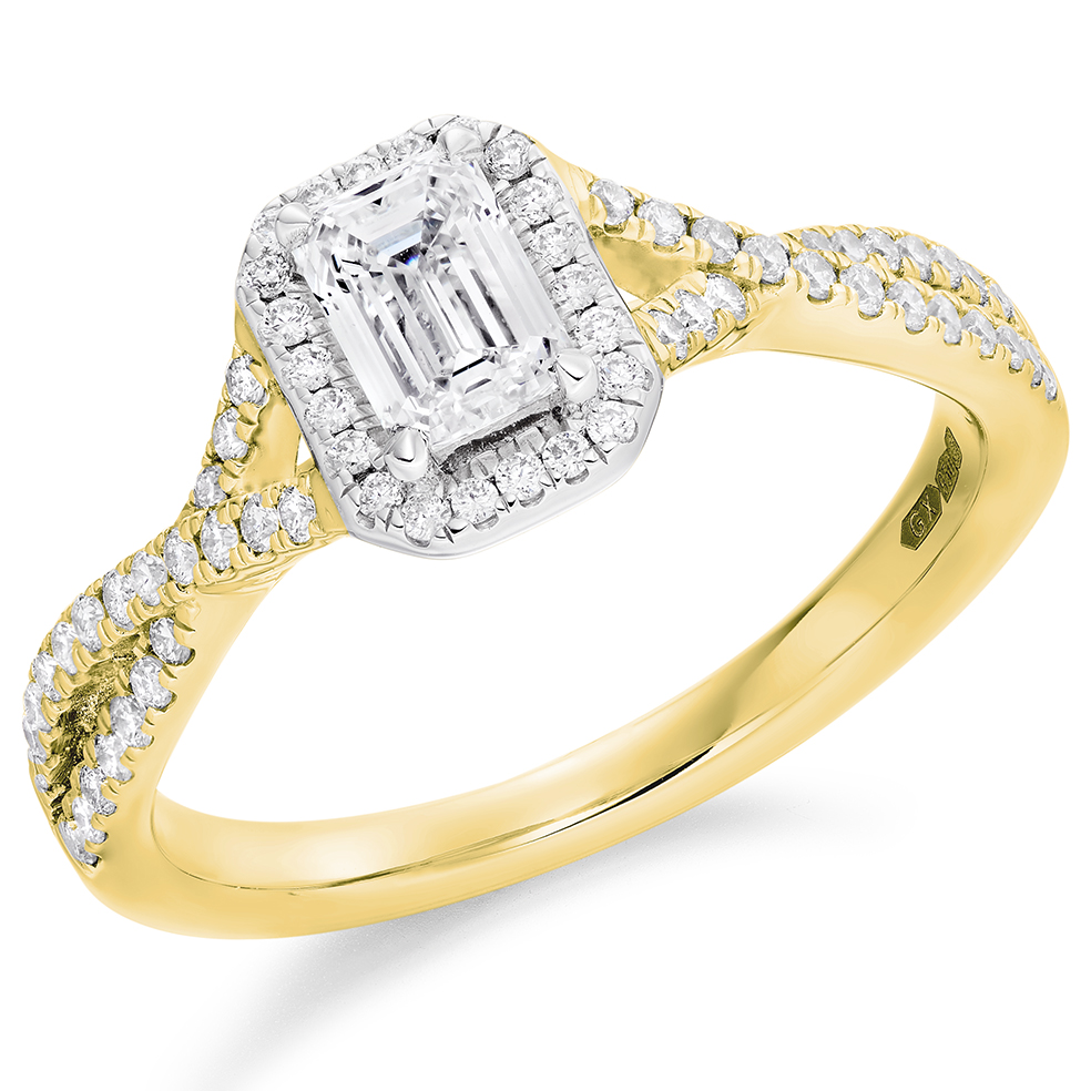 Emerald Cut Halo with Diamond Set Shoulders Split Shoulders Engagement Ring Image