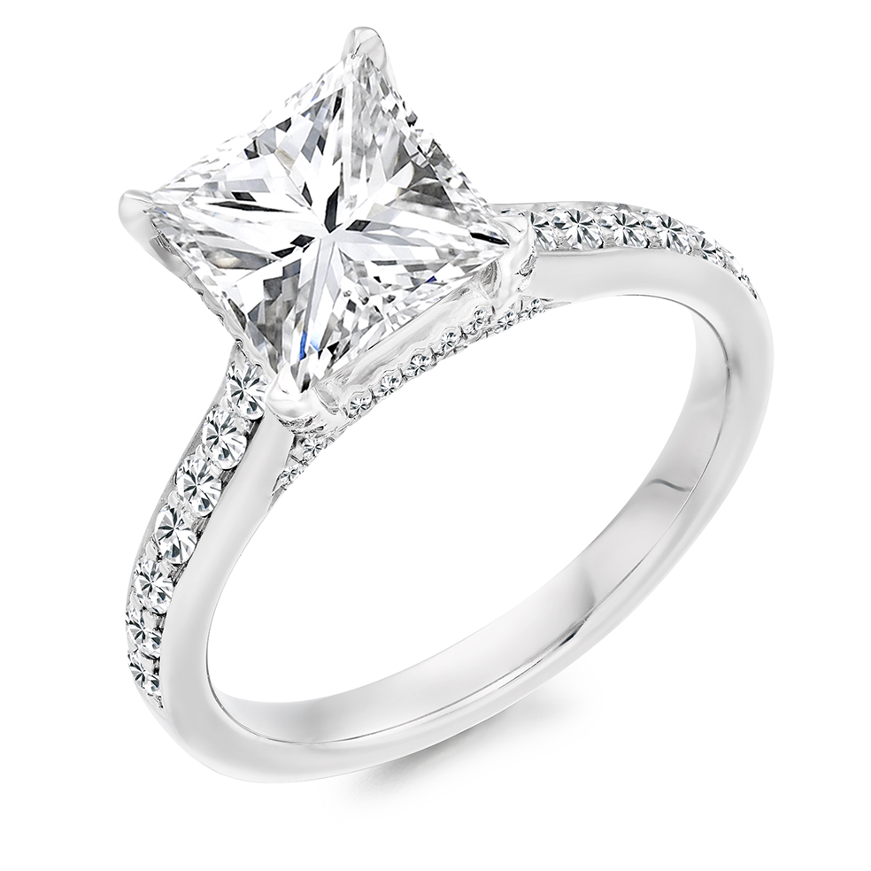 Image of Platinum Princess Cut Solitaire with Diamond Set Shoulders Engagement Ring