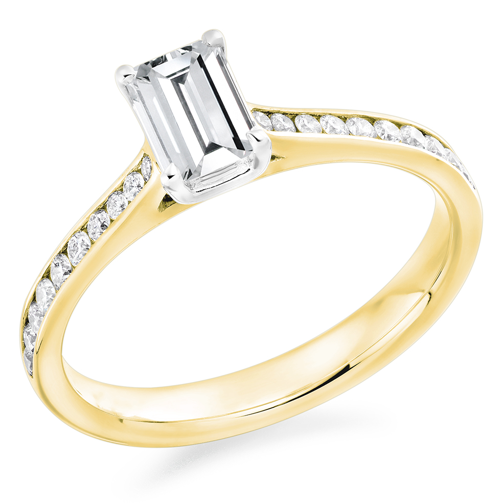 Image of Yellow Gold Emerald Cut Solitaire with Diamond Set Shoulders Engagement Ring
