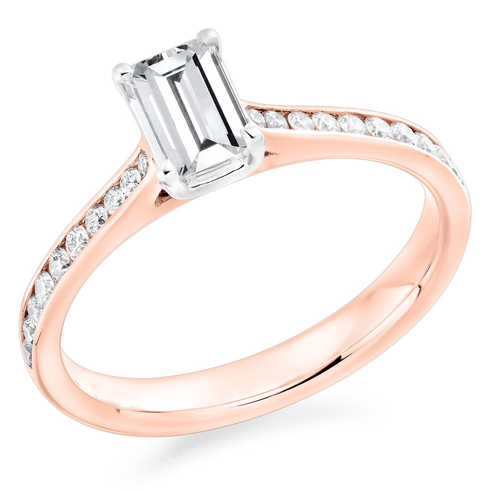 Image of Rose Gold Emerald Cut Solitaire with Diamond Set Shoulders Engagement Ring
