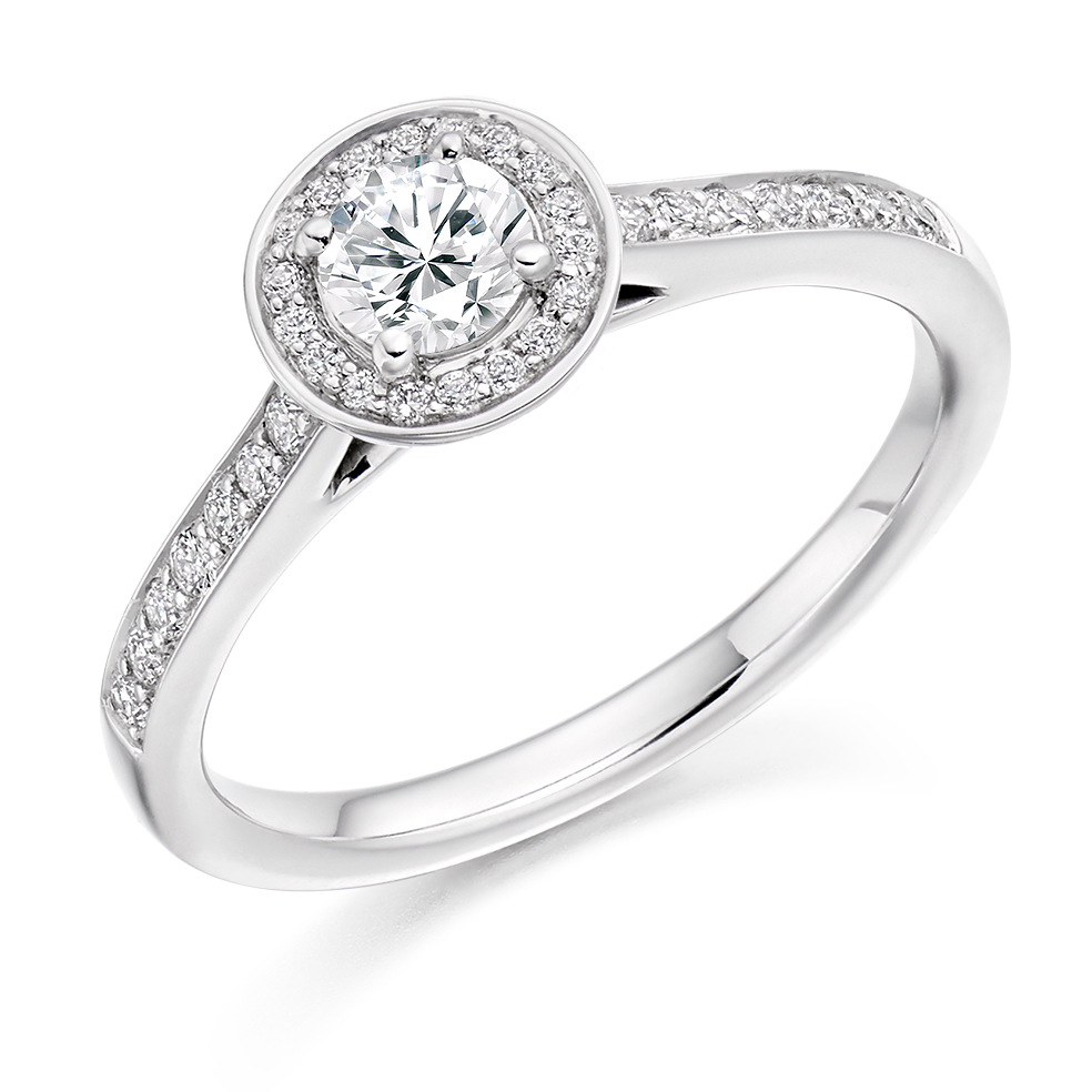 Image of Platinum Round Brilliant Halo with Diamond Set Shoulders Engagement Ring