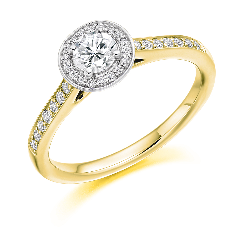 Image of Yellow Gold Round Brilliant Halo with Diamond Set Shoulders Engagement Ring