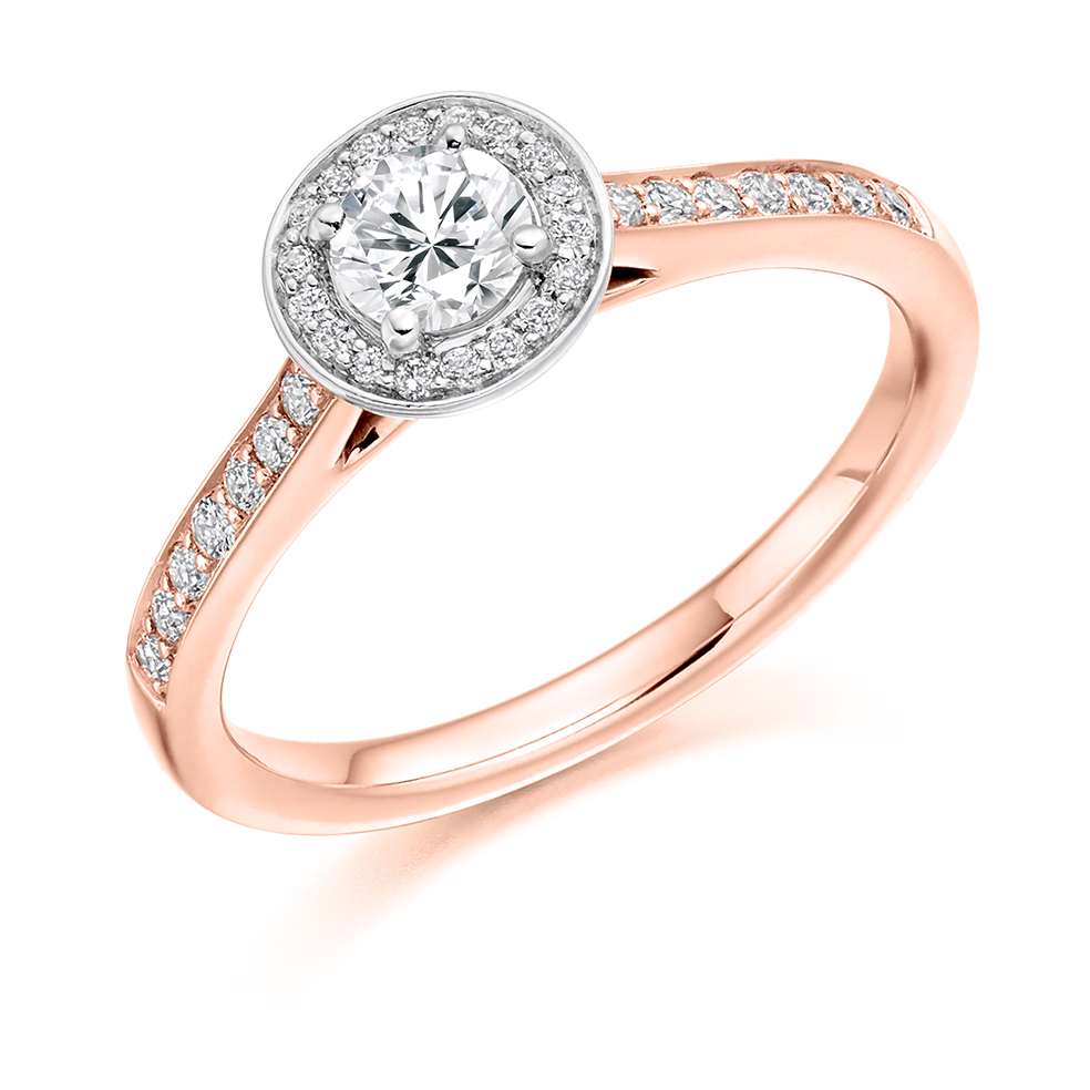 Image of Rose Gold Round Brilliant Halo with Diamond Set Shoulders Engagement Ring