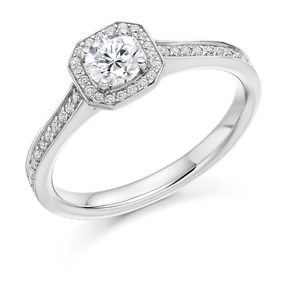 Image of White Gold Round Brilliant Halo with Diamond Set Shoulders Engagement Ring