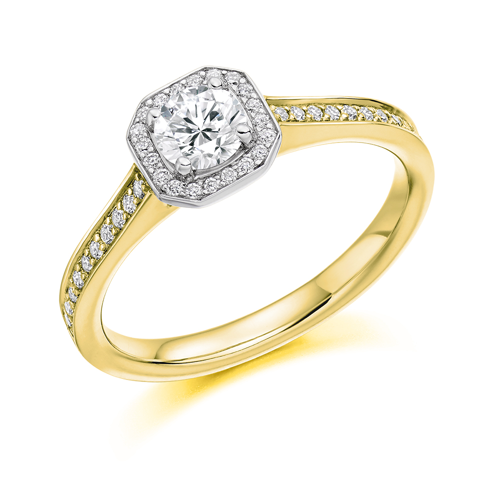Image of Yellow Gold Round Brilliant Halo with Diamond Set Shoulders Engagement Ring