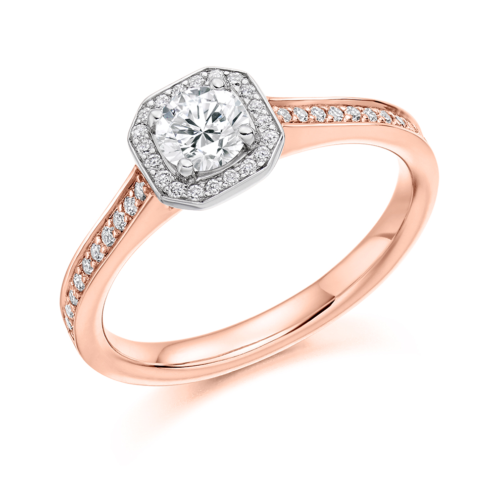 Image of Rose Gold Round Brilliant Halo with Diamond Set Shoulders Engagement Ring