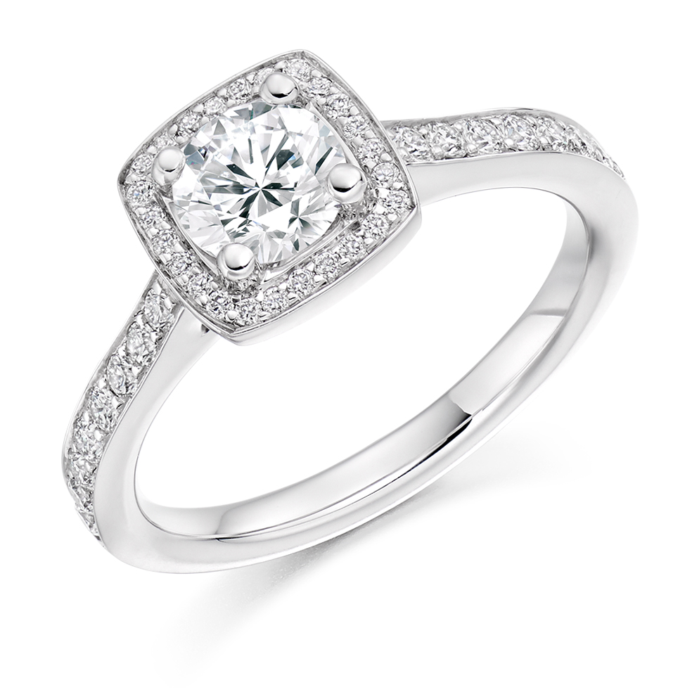 Image of White Gold Round Brilliant Halo with Diamond Set Shoulders Engagement Ring