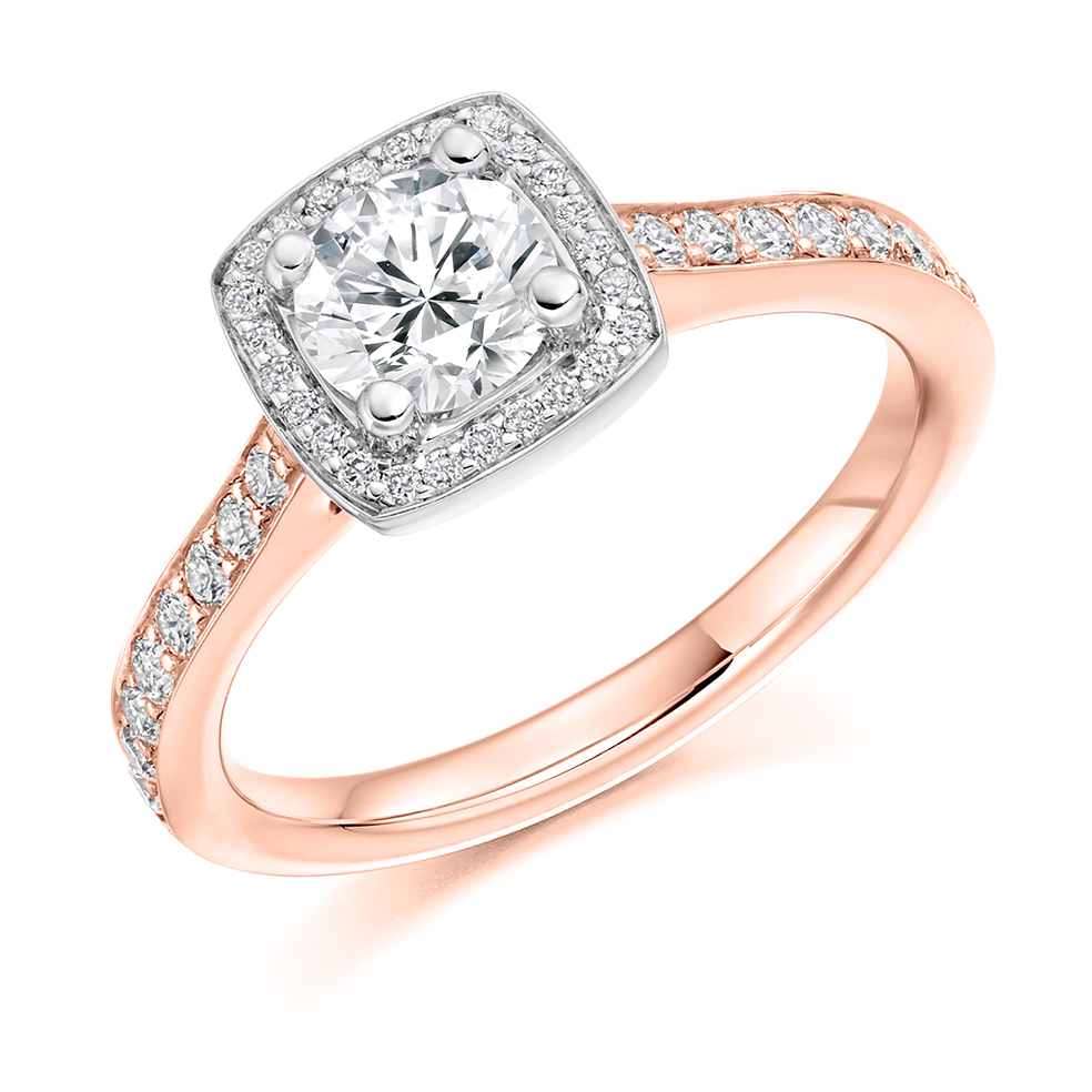 Image of Rose Gold Round Brilliant Halo with Diamond Set Shoulders Engagement Ring