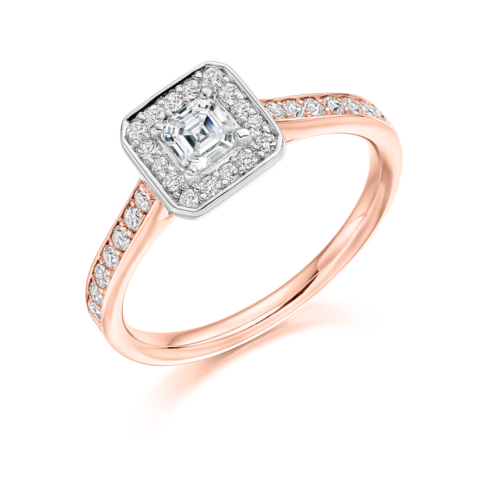 Image of Rose Gold Princess Cut Halo with Diamond Set Shoulders Engagement Ring