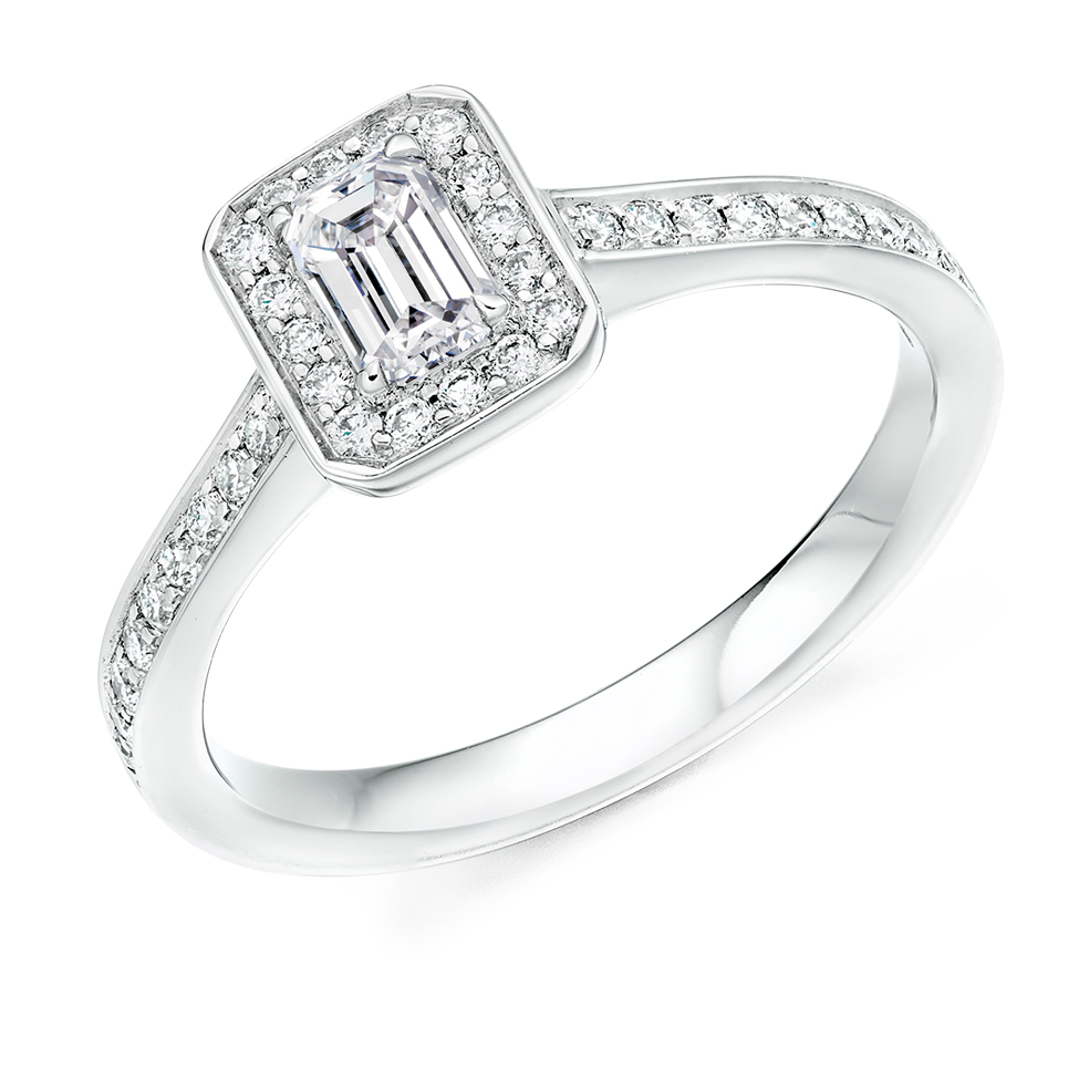 Emerald Cut Halo with Diamond Set Shoulders Engagement Ring Image