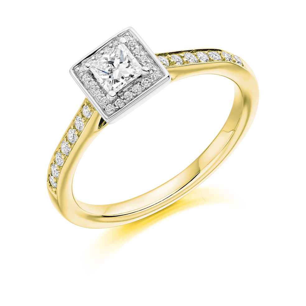 Princess Cut Halo with Diamond Set Shoulders Engagement Ring Image