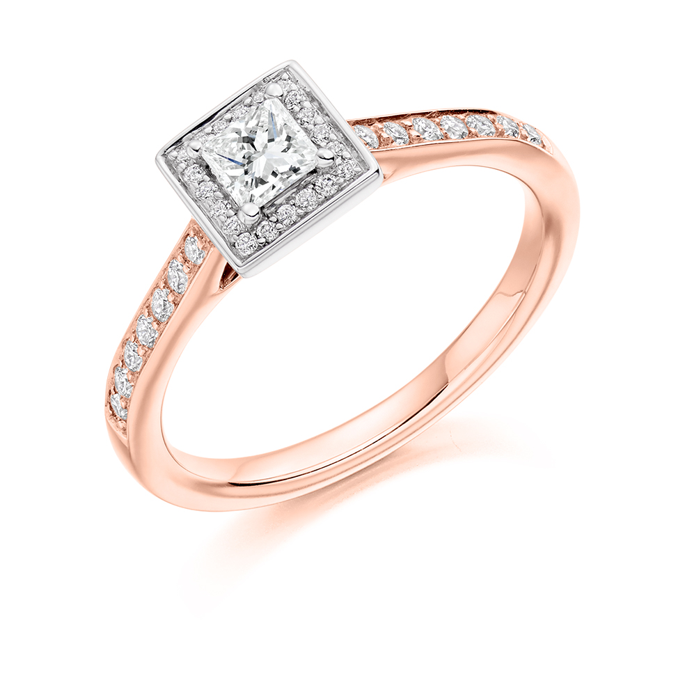 Princess Cut Halo with Diamond Set Shoulders Engagement Ring Image