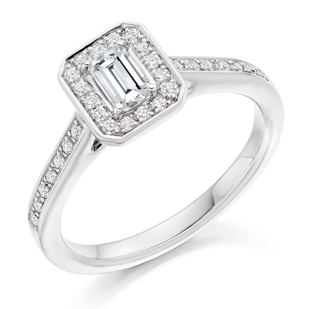 Image of White Gold Emerald Cut Halo with Diamond Set Shoulders Engagement Ring