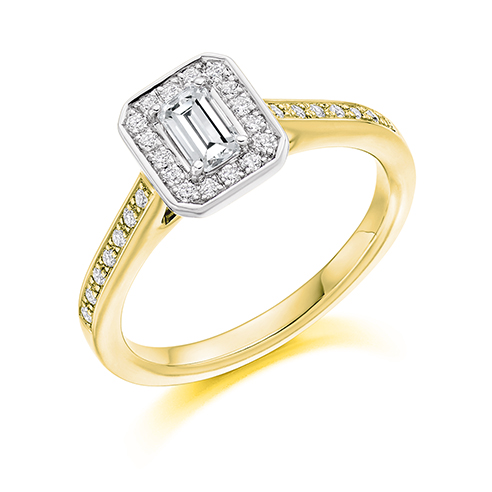 Image of Yellow Gold Emerald Cut Halo with Diamond Set Shoulders Engagement Ring