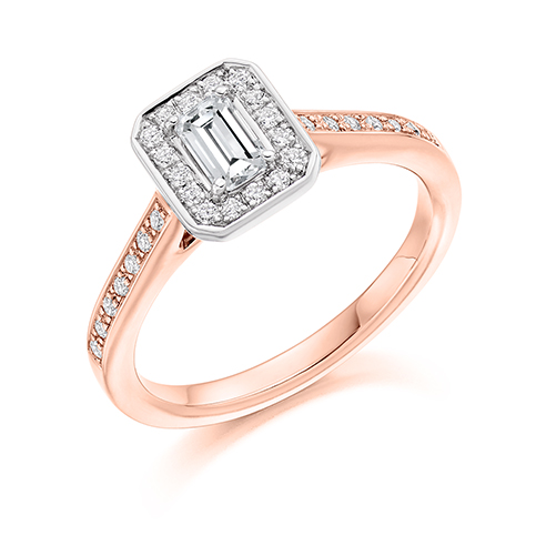 Image of Rose Gold Emerald Cut Halo with Diamond Set Shoulders Engagement Ring