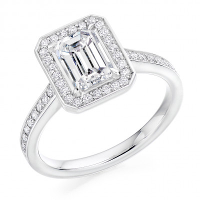 Emerald Cut Halo with Diamond Set Shoulders Engagement Ring Metal Image