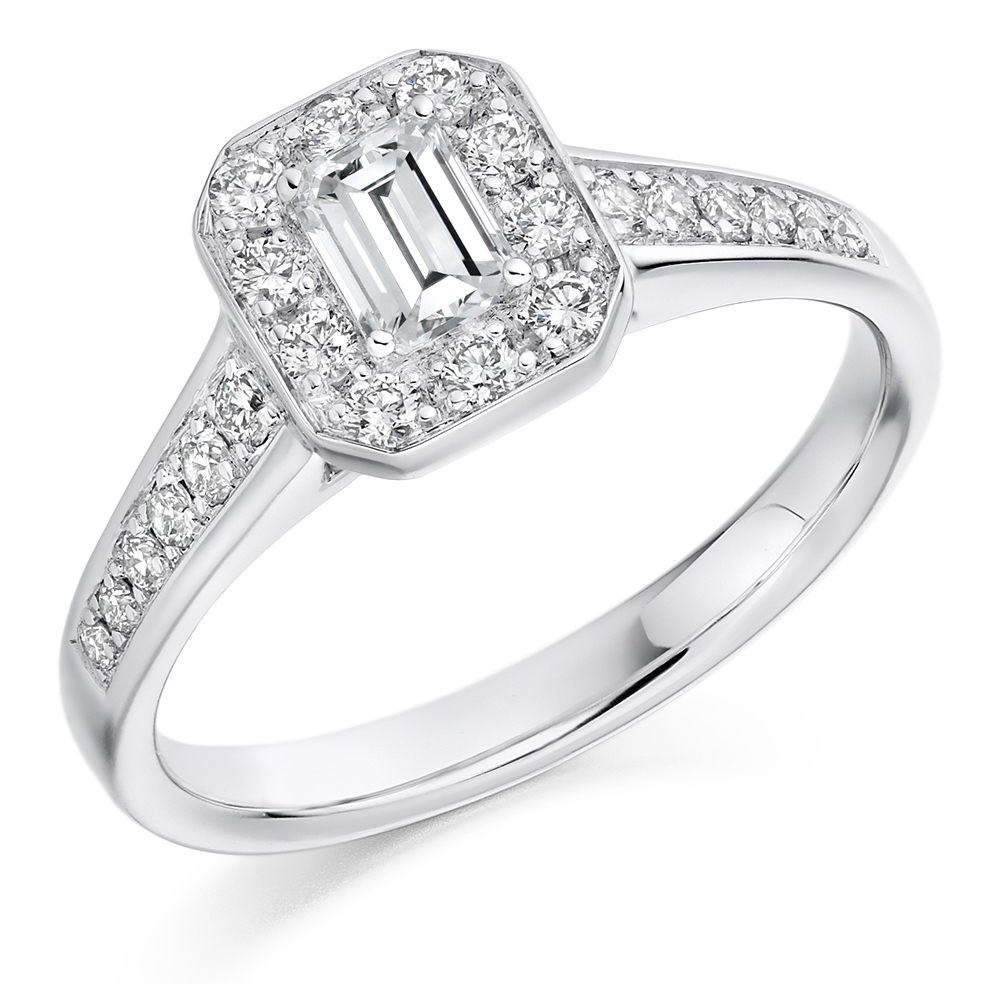 Image of Platinum Emerald Cut Halo with Diamond Set Shoulders Engagement Ring