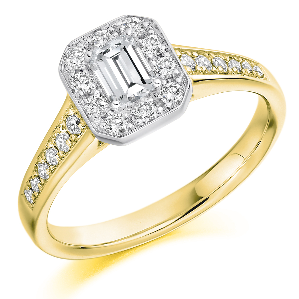 Image of Yellow Gold Emerald Cut Halo with Diamond Set Shoulders Engagement Ring