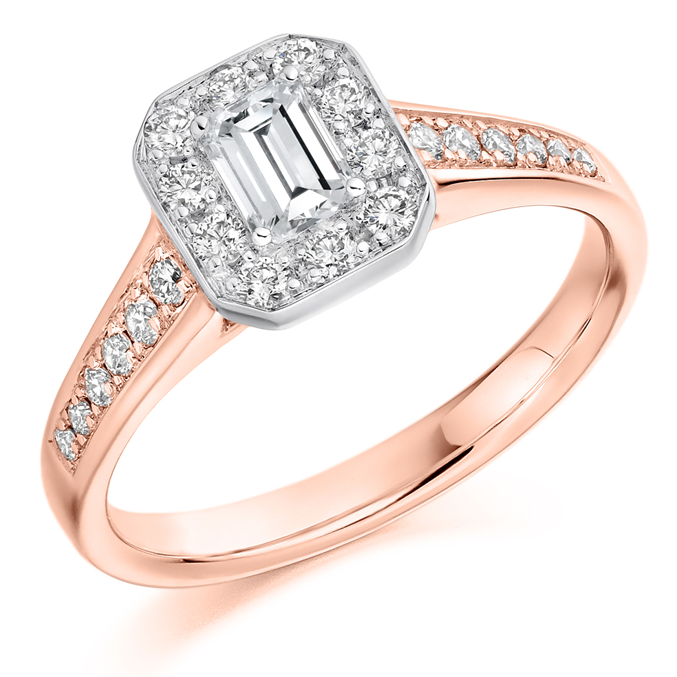 Emerald Cut Halo with Diamond Set Shoulders Engagement Ring Image