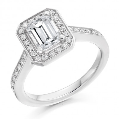 Emerald Cut Halo with Diamond Set Shoulders Engagement Ring Metal Image