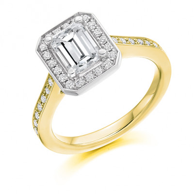 Emerald Cut Halo with Diamond Set Shoulders Engagement Ring Metal Image