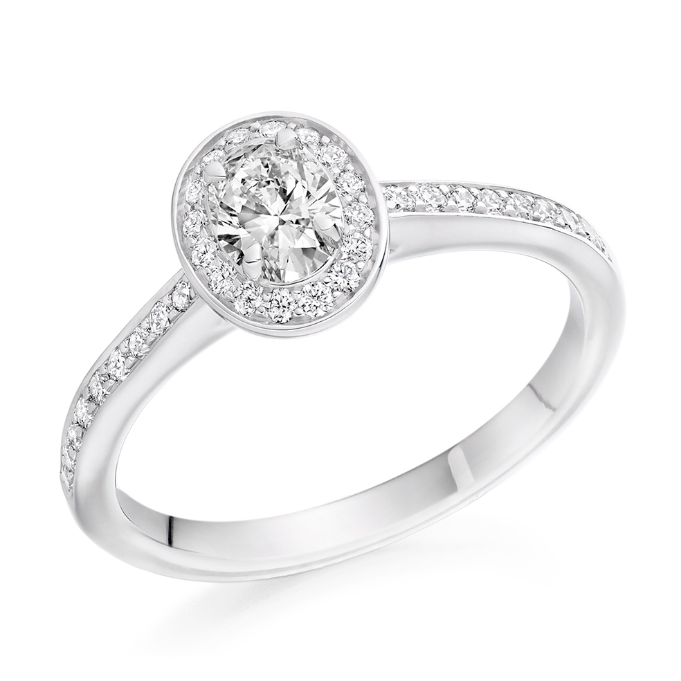 Image of Platinum Oval Cut Halo with Diamond Set Shoulders Engagement Ring