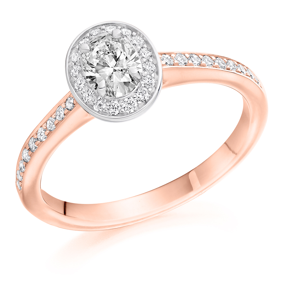 Image of Rose Gold Oval Cut Halo with Diamond Set Shoulders Engagement Ring