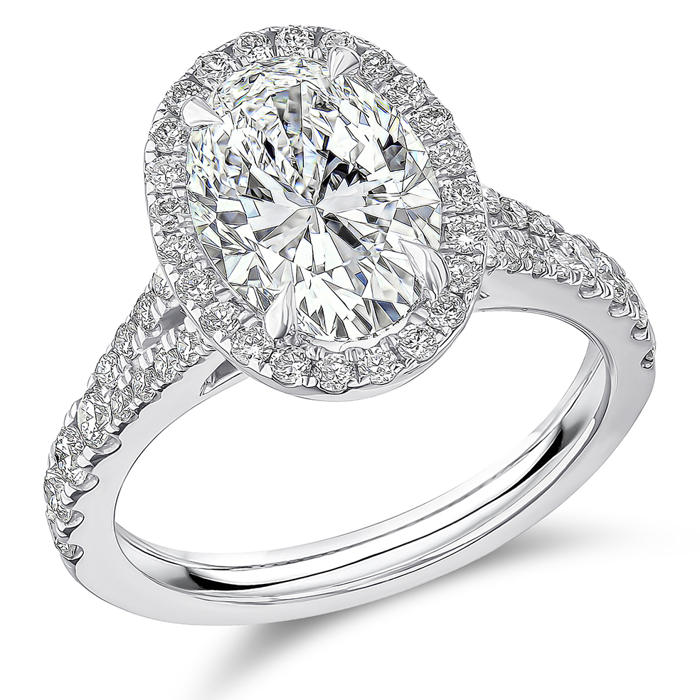 Image of Platinum Oval Cut Halo with Diamond Set Shoulders Split Shoulders Engagement Ring