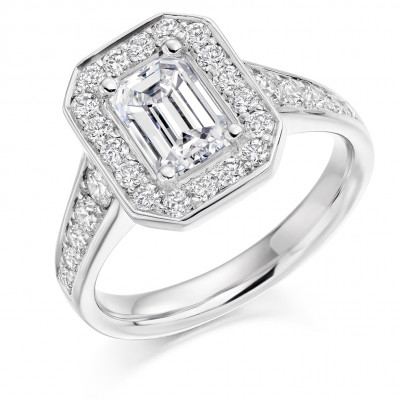 Emerald Cut Halo with Diamond Set Shoulders Engagement Ring Metal Image