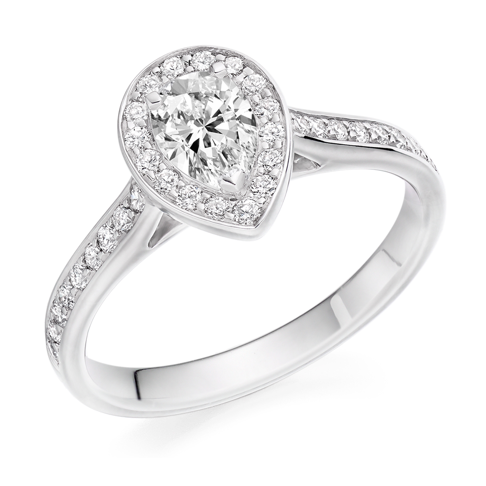 Image of Platinum Pear Cut Halo with Diamond Set Shoulders Engagement Ring