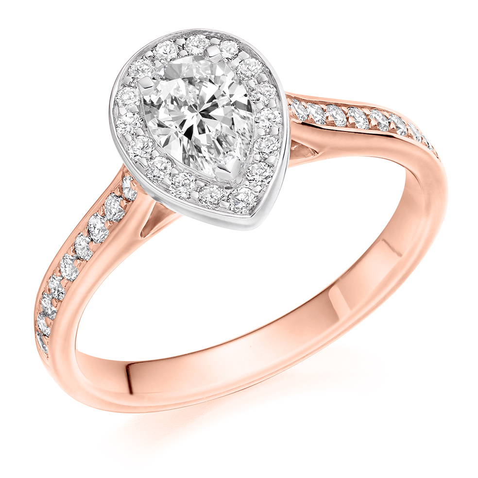 Image of Rose Gold Pear Cut Halo with Diamond Set Shoulders Engagement Ring