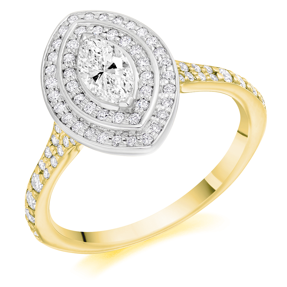 Image of Yellow Gold Marquise Cut Halo with Diamond Set Shoulders Split Shoulders Engagement Ring