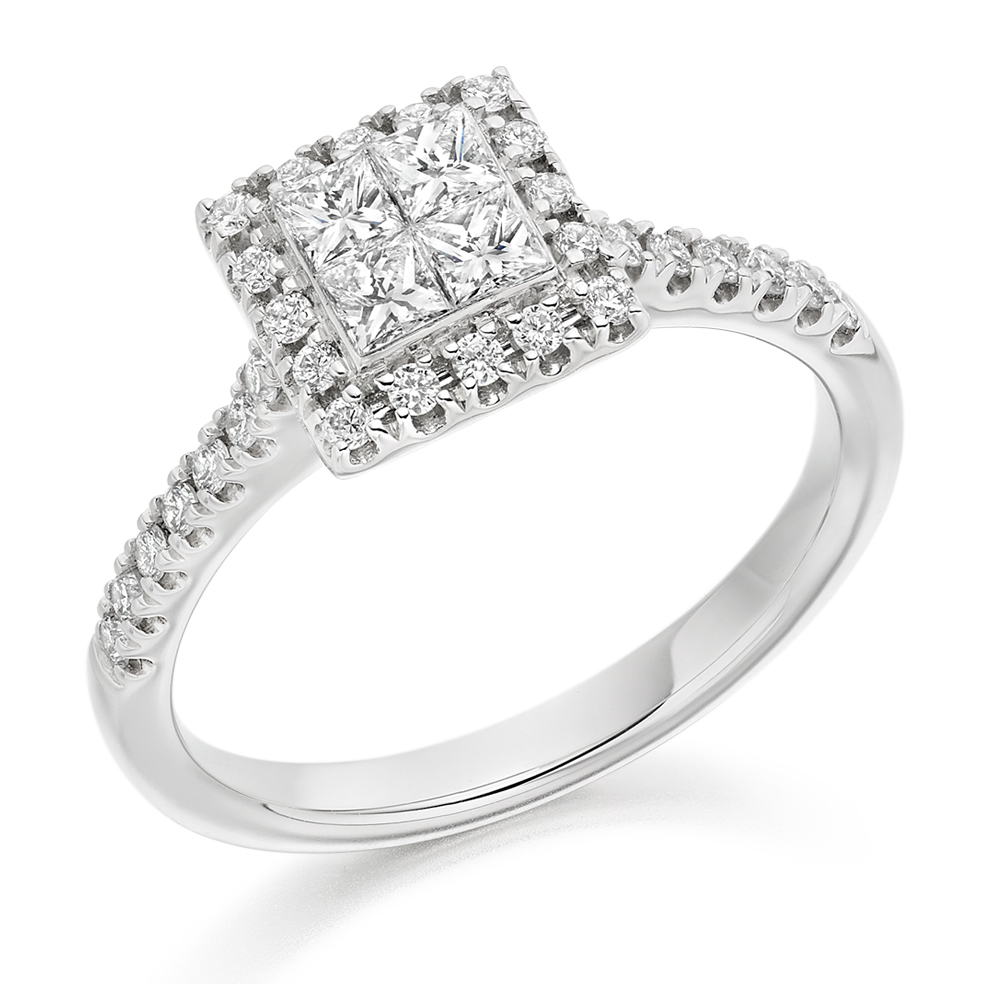 Image of White Gold Princess Cut Halo with Diamond Set Shoulders and Multistone Invisible Set Engagement Ring