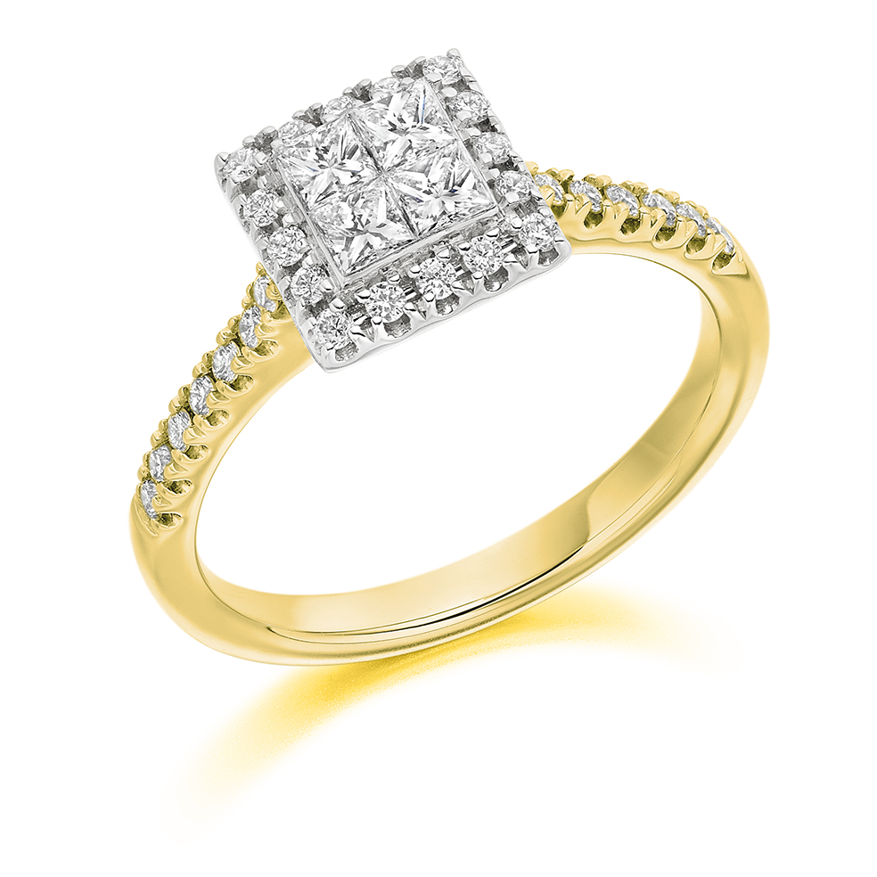 Image of Yellow Gold Princess Cut Halo with Diamond Set Shoulders and Multistone Invisible Set Engagement Ring