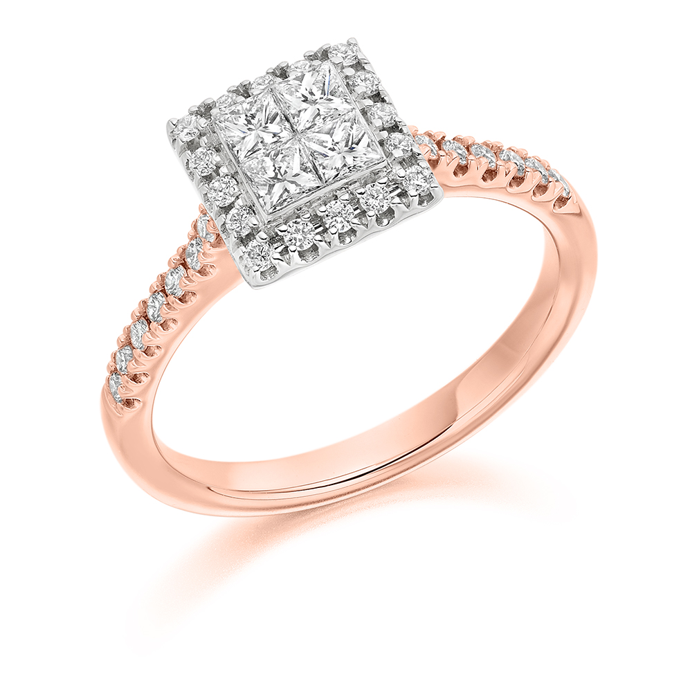 Image of Rose Gold Princess Cut Halo with Diamond Set Shoulders and Multistone Invisible Set Engagement Ring
