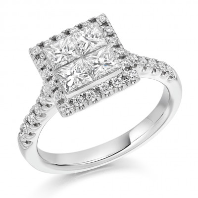 Princess Cut Halo with Diamond Set Shoulders and Multistone Invisible Set Engagement Ring Metal Image