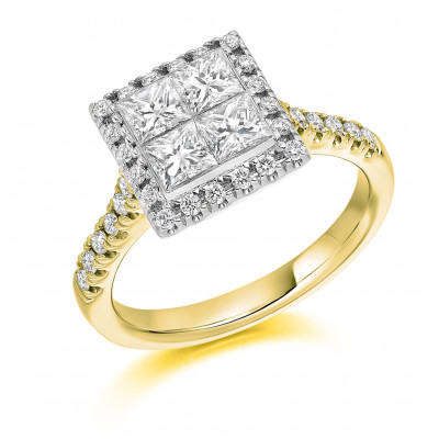 Princess Cut Halo with Diamond Set Shoulders and Multistone Invisible Set Engagement Ring Metal Image
