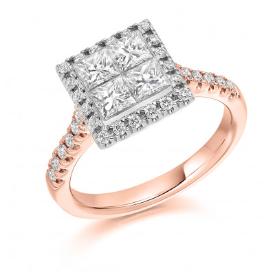 Princess Cut Halo with Diamond Set Shoulders and Multistone Invisible Set Engagement Ring Metal Image
